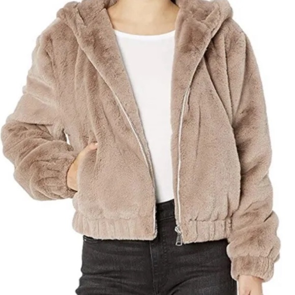 NEW Bagatelle NYC Plush Faux Fur Hooded Taupe Lined Bomber Jacket Coat Sz S - Picture 1 of 8